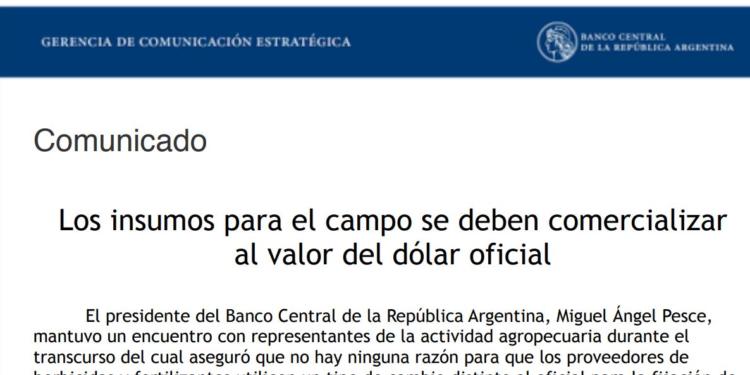 El Banco Central aclara: “Los insumos para el campo se deben comercializar al valor del dólar oficial”