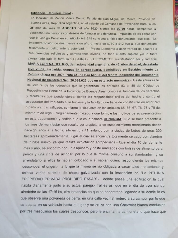Intentaron usurpar un campo con participación de algunos policías: “Lo que se está viviendo es una locura”, dijo la productora Lorena del Río