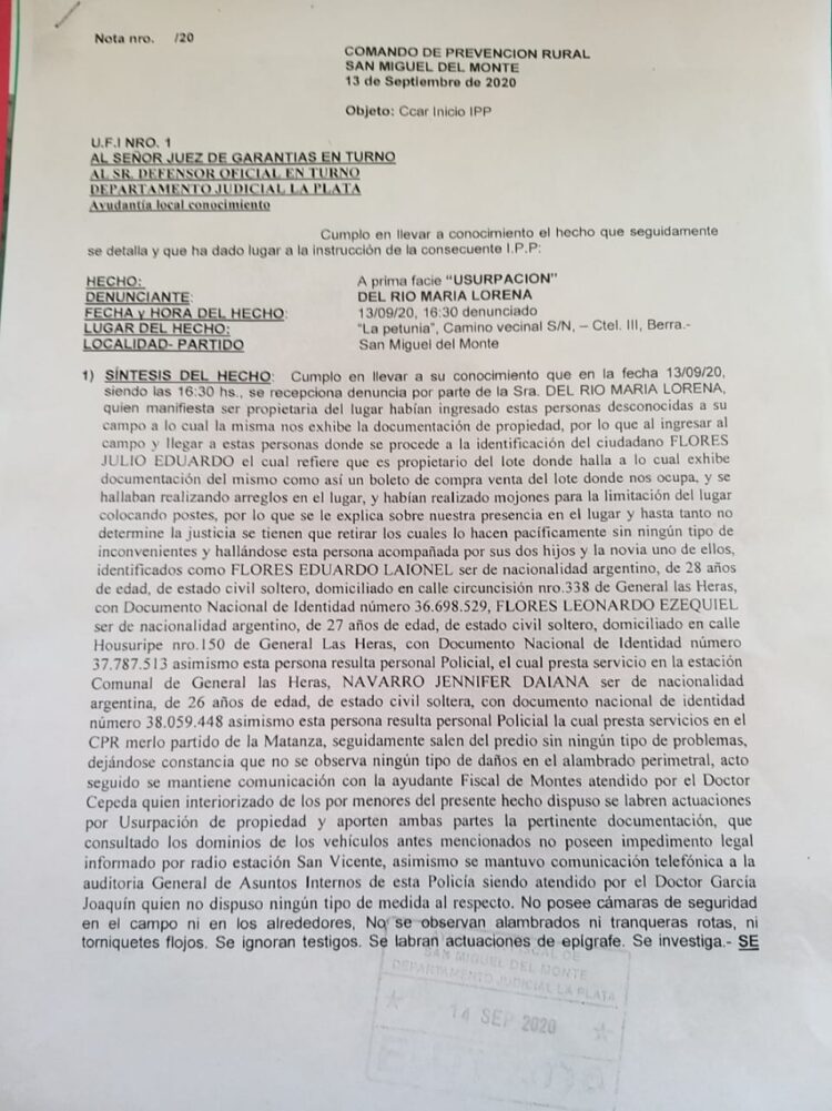 Intentaron usurpar un campo con participación de algunos policías: “Lo que se está viviendo es una locura”, dijo la productora Lorena del Río