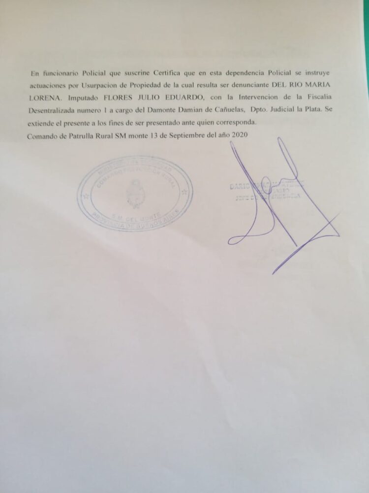 Intentaron usurpar un campo con participación de algunos policías: “Lo que se está viviendo es una locura”, dijo la productora Lorena del Río